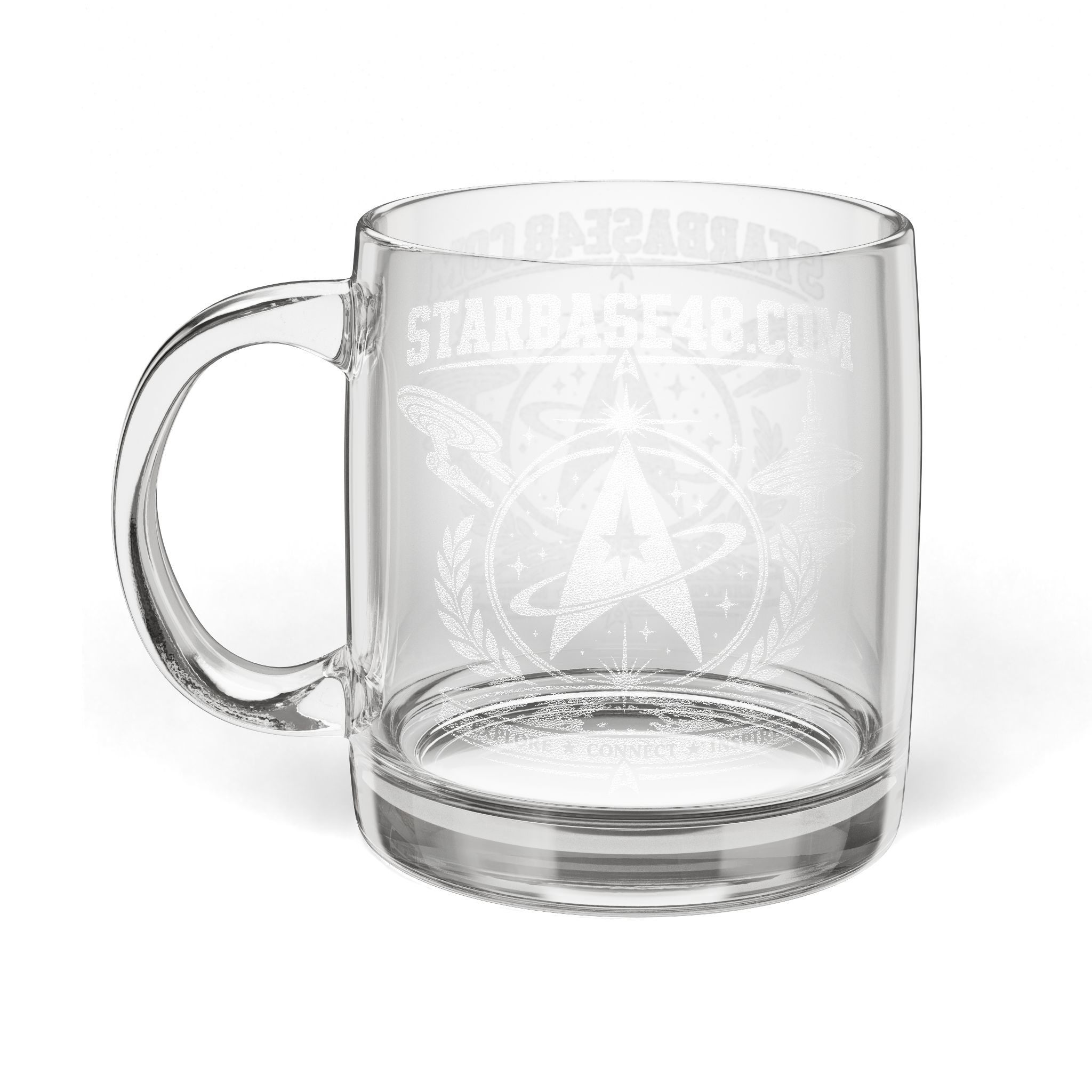 Engraved Glass Coffee Mug — Starbase47 Retro Space Logo, 12.25oz - Image 2