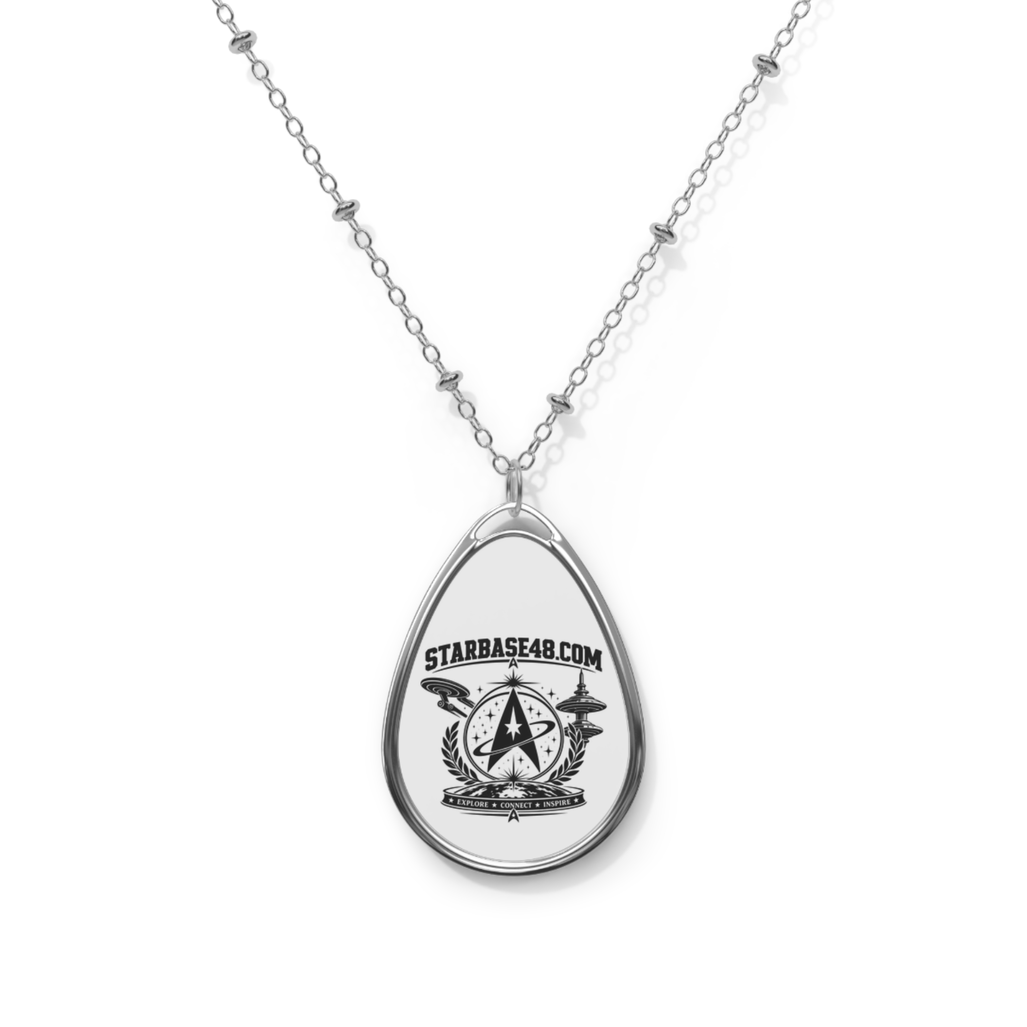 Oval Logo Pendant Necklace — Silver Teardrop Necklace with Custom Starbase48 Emblem