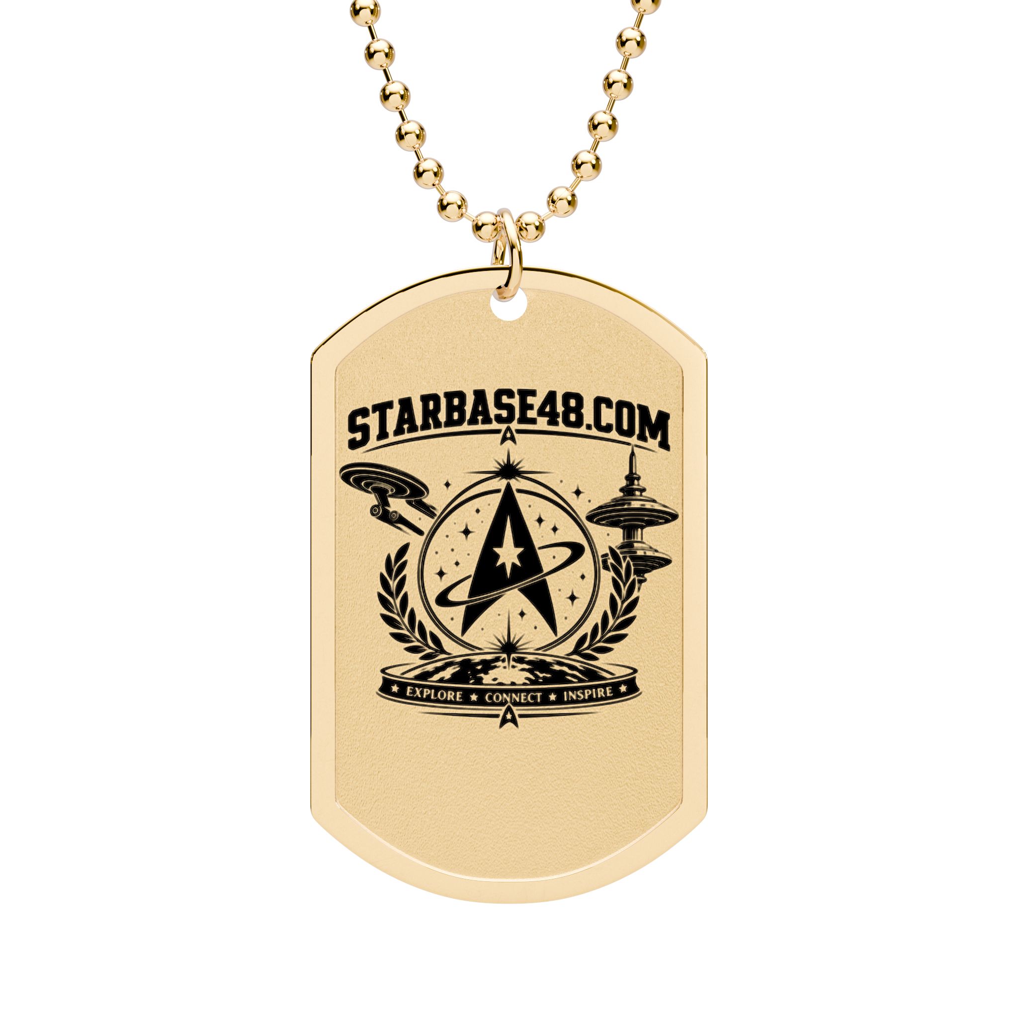 Starbase48.com Engraved Dog Tag Necklace — Sci‑Fi Emblem Military ID Pendant