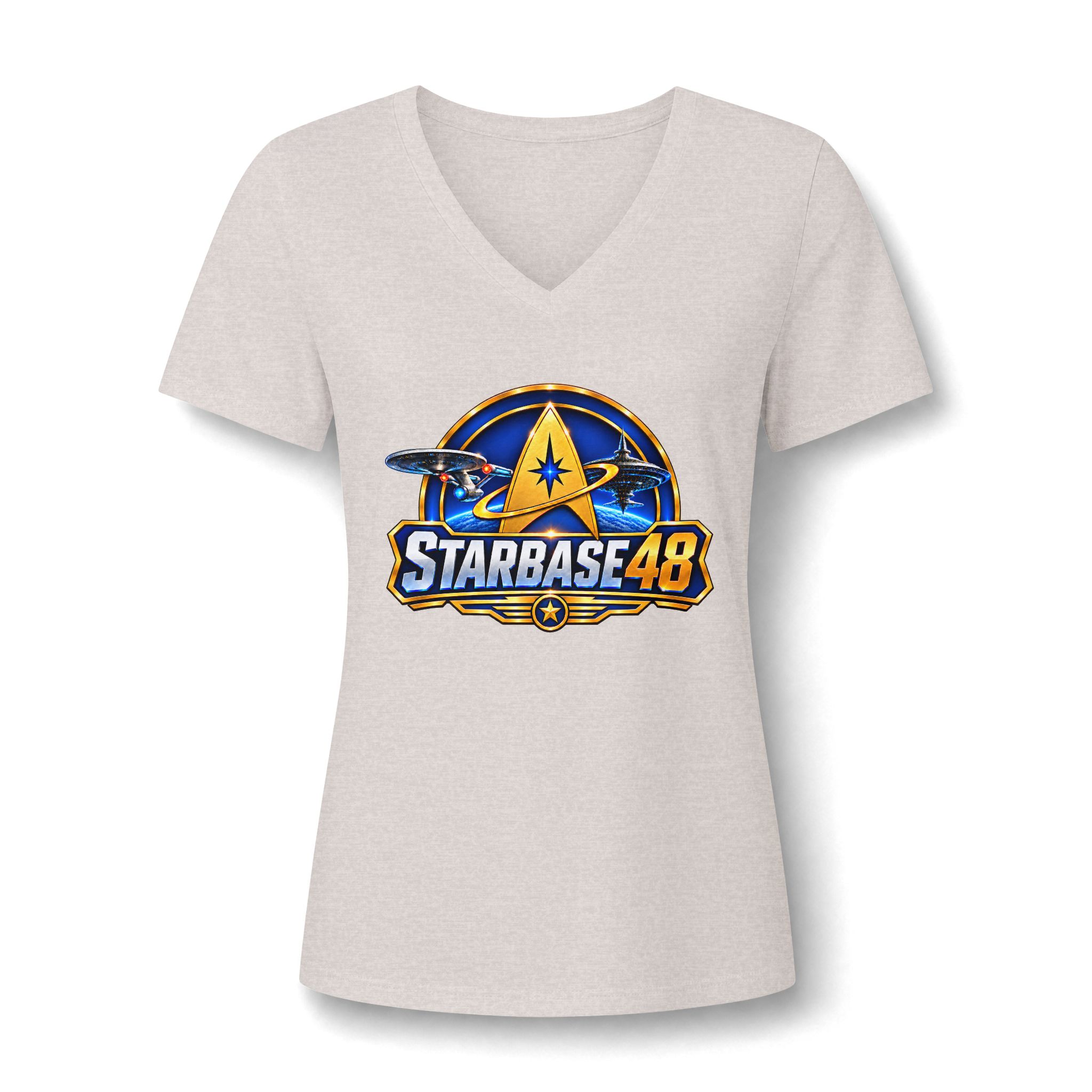 Starbase 48 Women's V‑Neck Tee — Retro Space Patch Graphic - Image 18