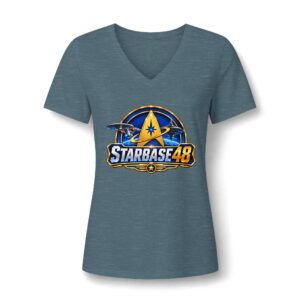 Starbase 48 Women's V‑Neck Tee — Retro Space Patch Graphic