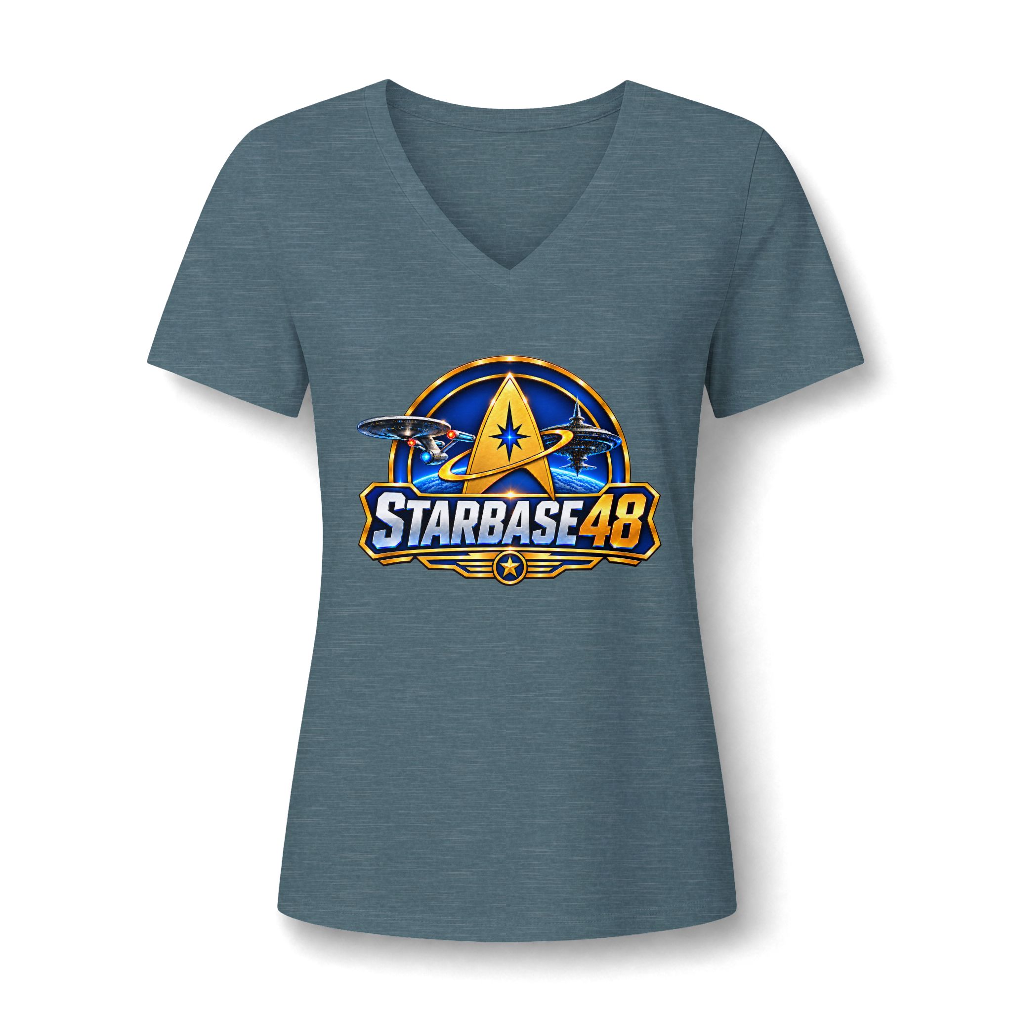 Starbase 48 Women's V‑Neck Tee — Retro Space Patch Graphic