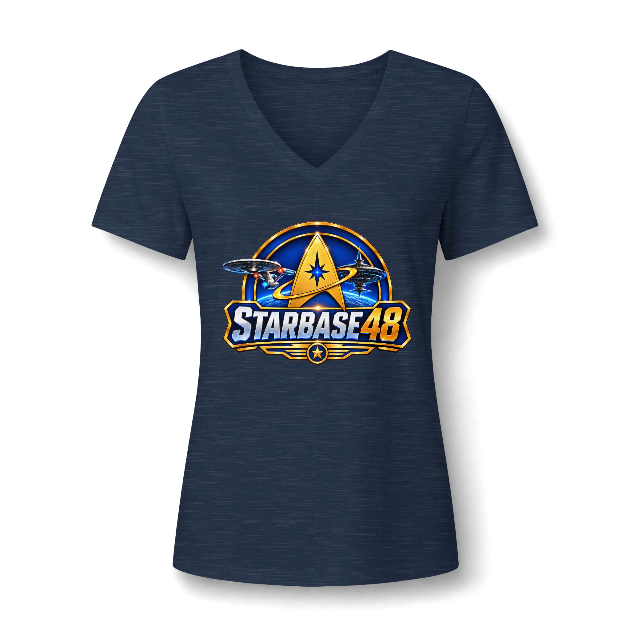 Starbase 48 Women's V‑Neck Tee — Retro Space Patch Graphic - Image 46