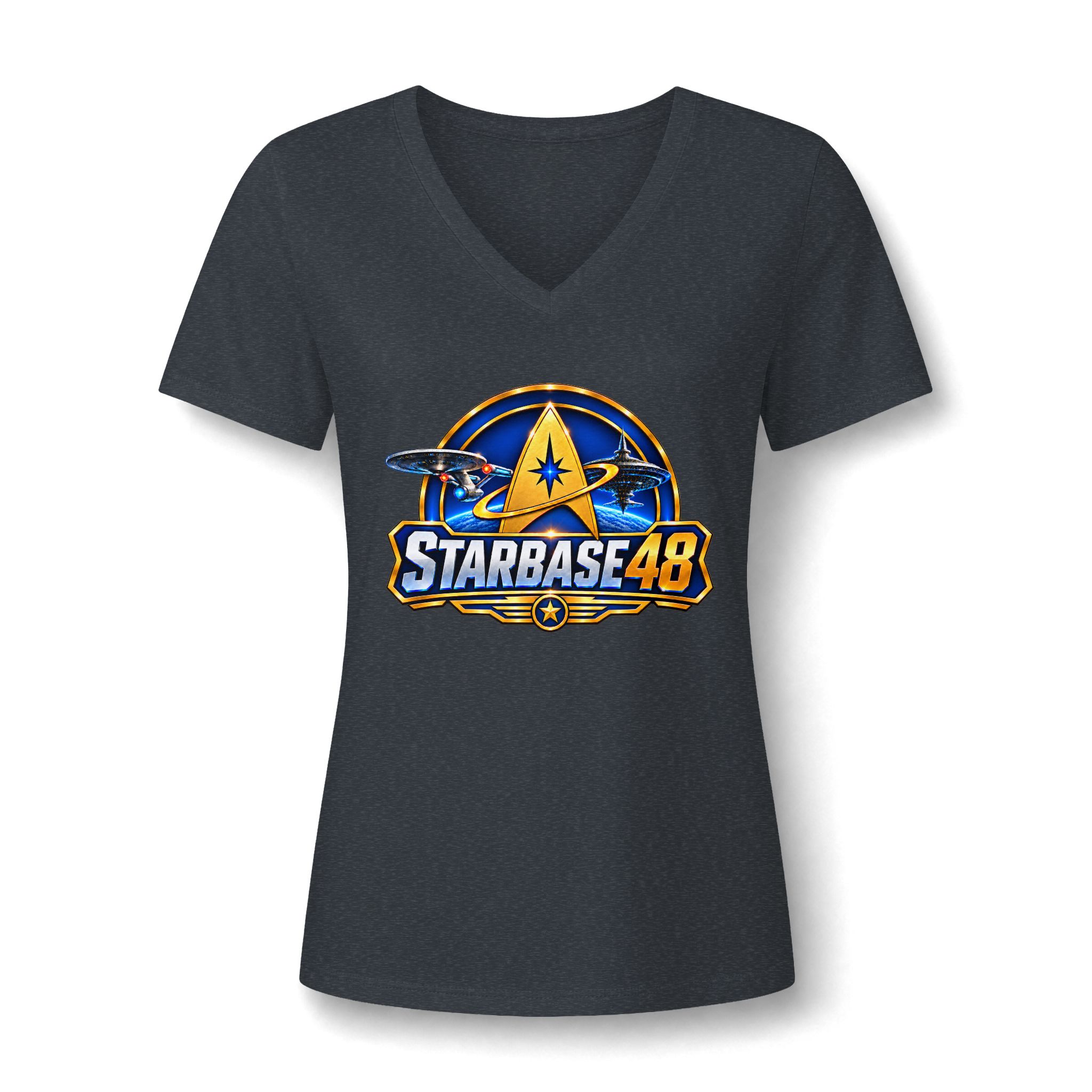 Starbase 48 Women's V‑Neck Tee — Retro Space Patch Graphic - Image 42