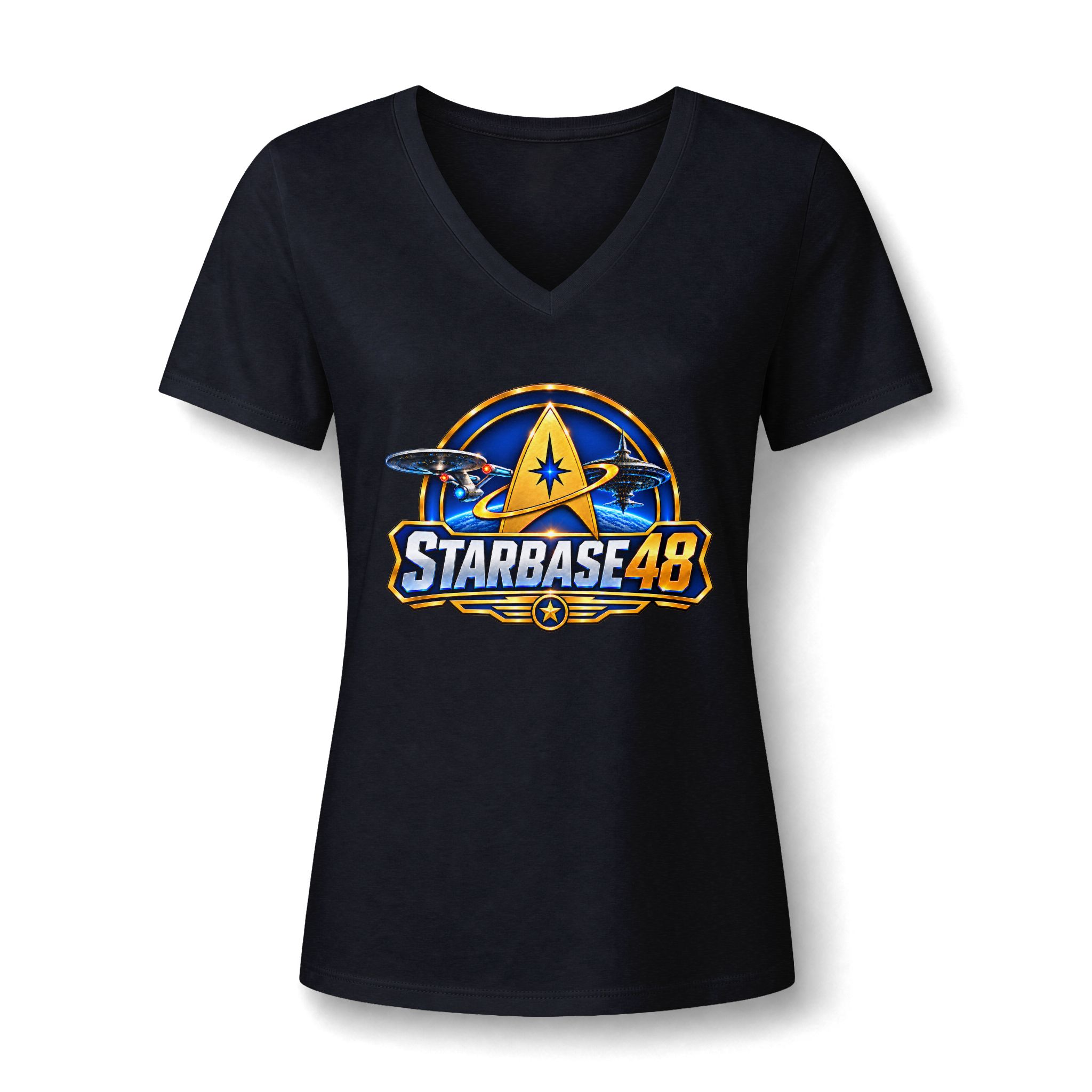Starbase 48 Women's V‑Neck Tee — Retro Space Patch Graphic - Image 14