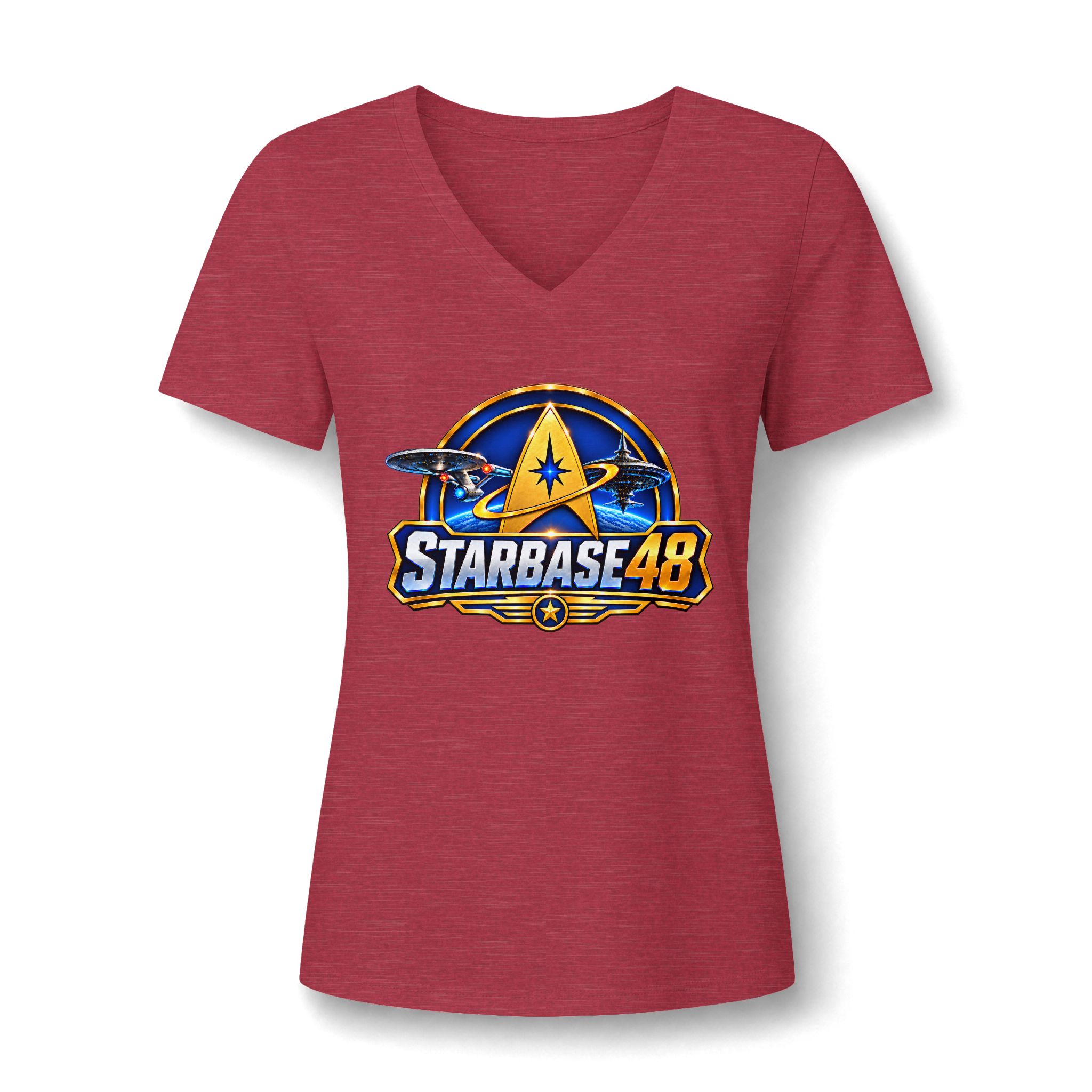 Starbase 48 Women's V‑Neck Tee — Retro Space Patch Graphic - Image 50