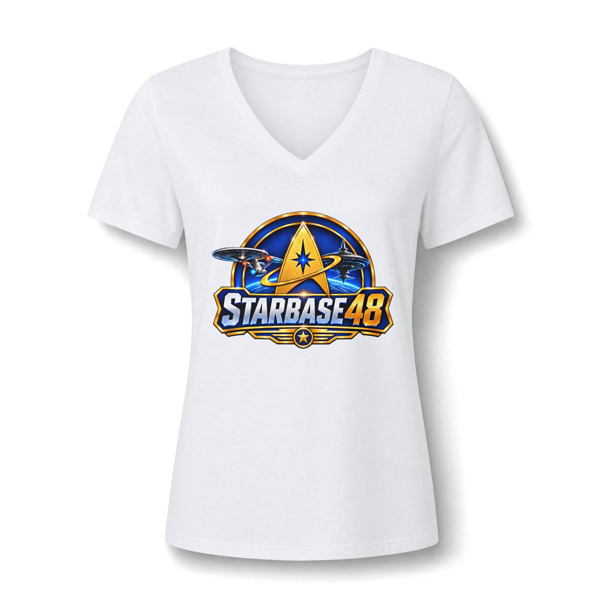 Starbase 48 Women's V‑Neck Tee — Retro Space Patch Graphic - Image 5