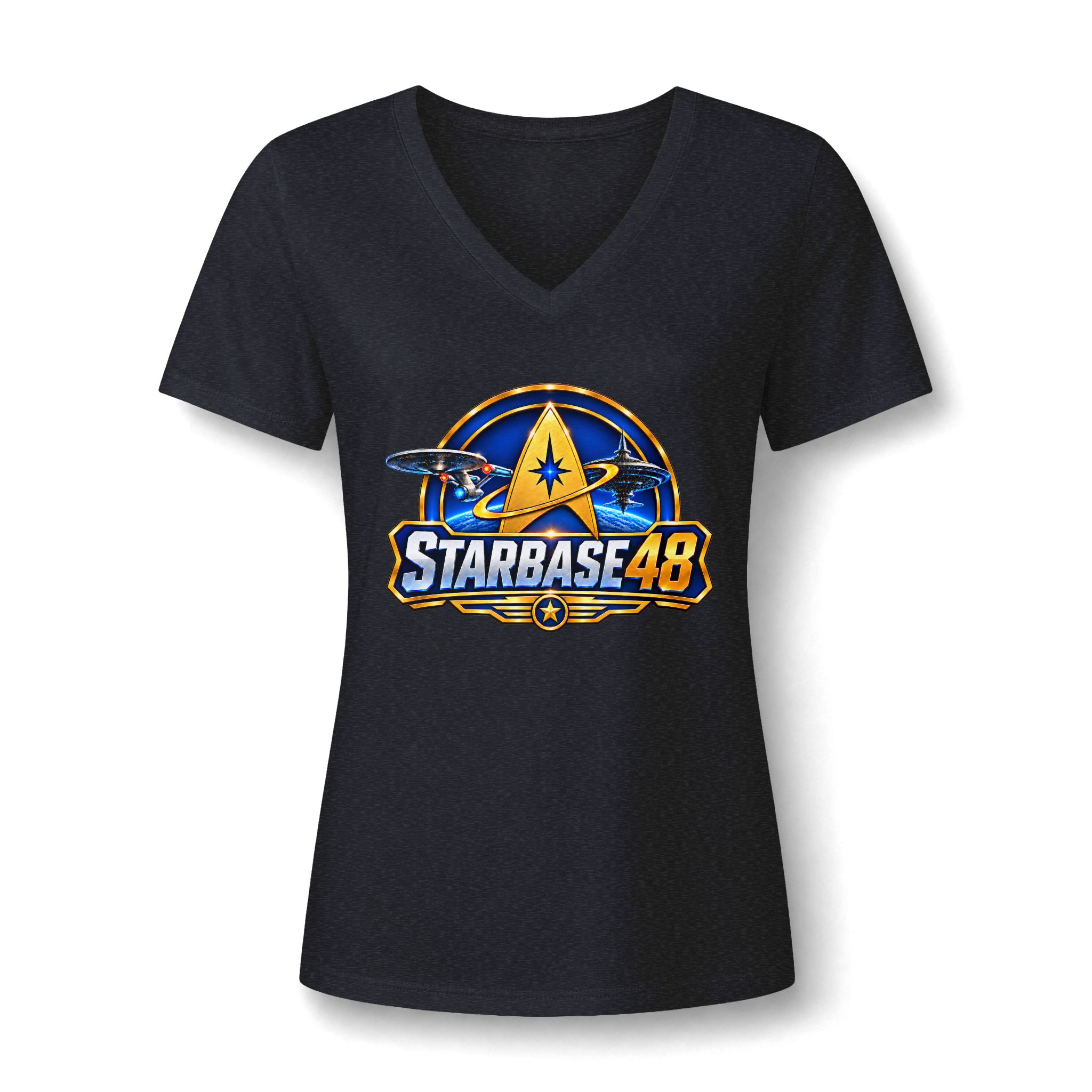 Starbase 48 Women's V‑Neck Tee — Retro Space Patch Graphic - Image 30
