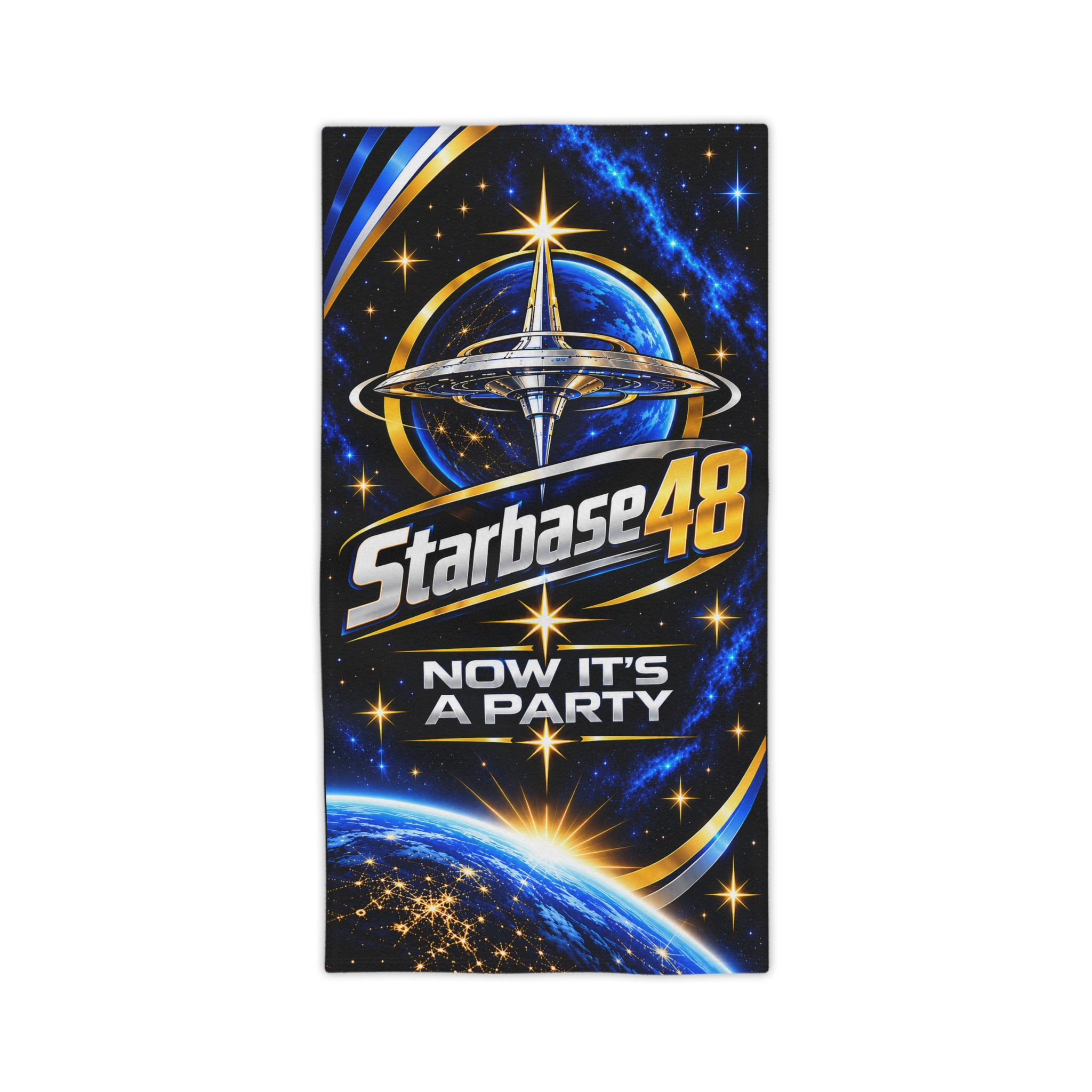 Starbase 48 Beach Towel — 'Now It's A Party' Space Graphic