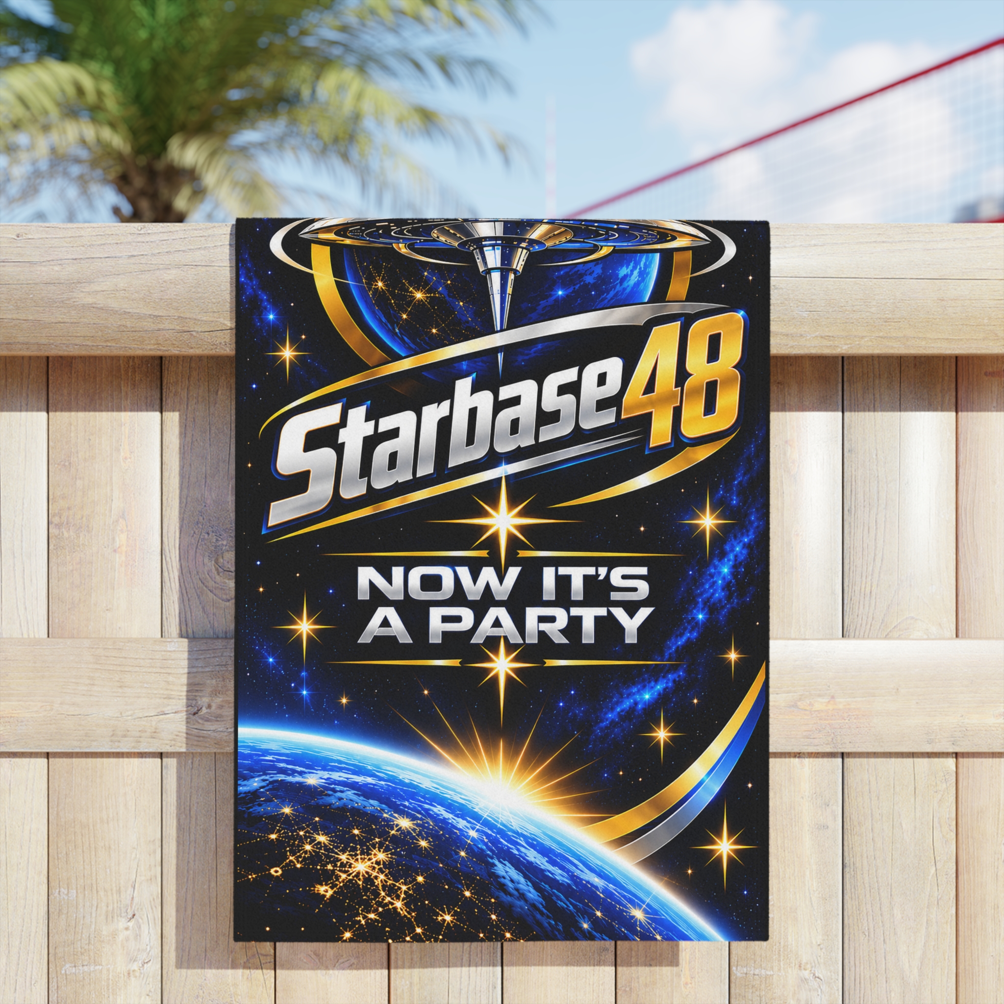 Starbase 48 Beach Towel — 'Now It's A Party' Space Graphic - Image 3