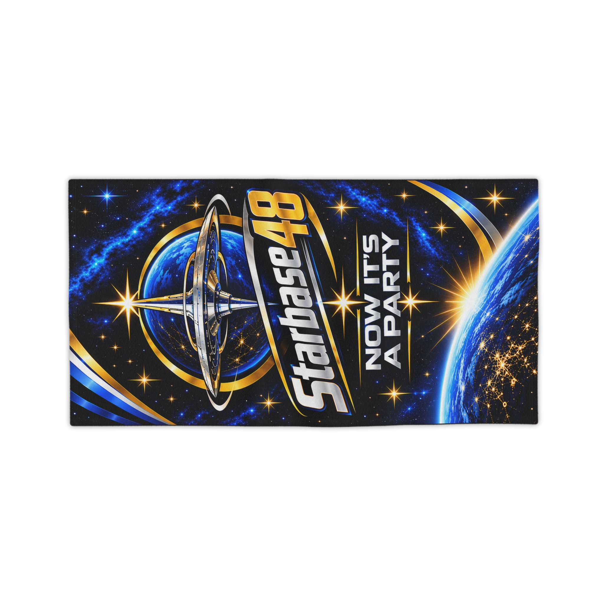 Starbase 48 Beach Towel — 'Now It's A Party' Space Graphic - Image 2