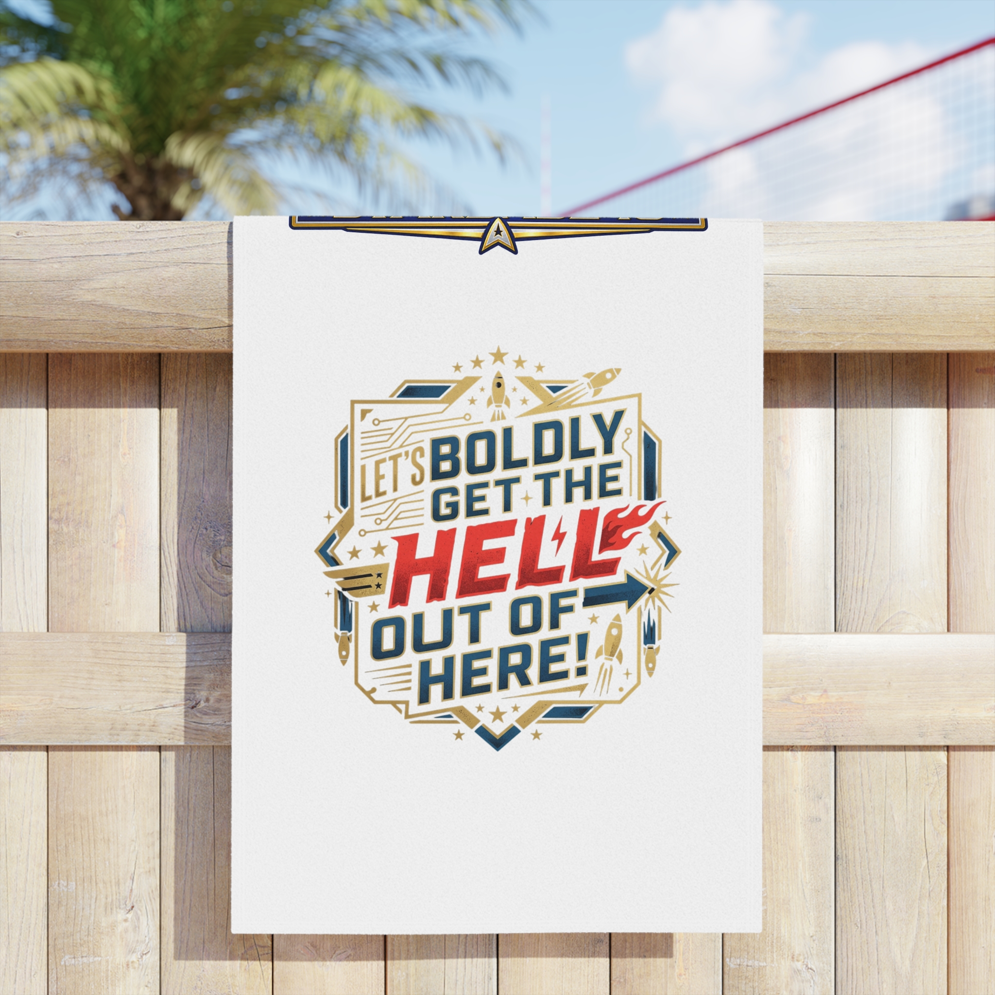 Starbase 48 “Let’s Boldly Get the Hell Out of Here!” Beach Towel - Image 11