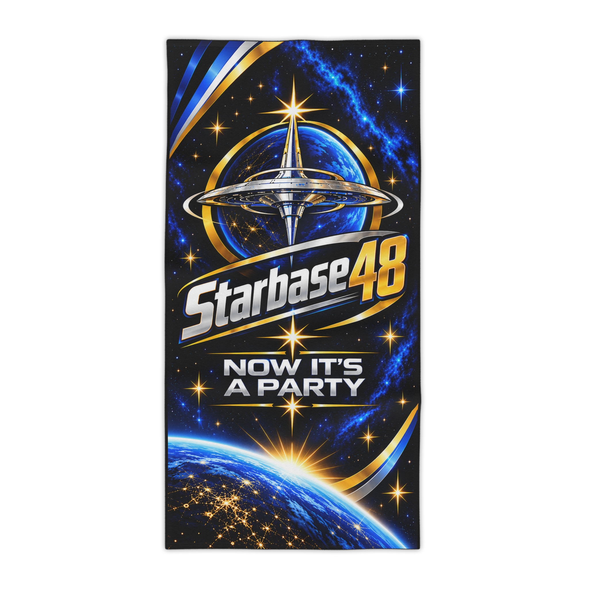 Starbase 48 Beach Towel — 'Now It's A Party' Space Graphic - Image 5